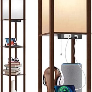 Outon Floor Lamp with Shelves, LED Column Modern Floor Lamp with USB Port & Power Outlet, Memory Function, Wood Standing Lamp with White Linen Shade for Living Room, Bedroom, Office (Walnut Brown)
