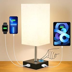 Woderdeng Touch Bedside Lamp for Bedroom – 3-Way Dimmable Table Lamps,Nightstand Lamp with USB Port and Ac Outlet for Living Room,Dorm,Home Office Reading (Bulbs Included)