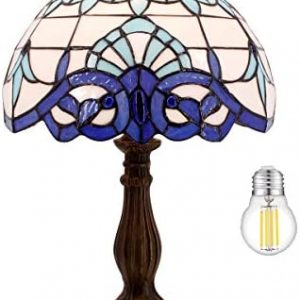 WERFACTORY Tiffany Table Lamp Navy Blue Baroque Stained Glass Style Desk Bedside Reading Light 12X12X18 Inches Decor Bedroom Living Room Home Office S003B Series