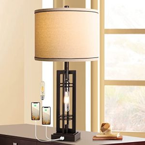 Table Lamps with USB Ports, 27.5″ Tall Farmhouse Table Lamp with LED Nightlight Blub, Bedside Lamp Oil Rubbed Bronze Off White Oatmeal Shade for Living Room Bedroom Home Office