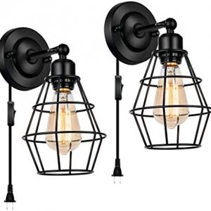 Plug in Wall Sconce Lamp, CHICLUX 2 Pack Industrial Vintage Light Metal Wire Cage Farmhouse Lighting Fixture with 5.4FT Plug-in Cord and On/Off Switch for Headboard Bedroom Nightstand Porch Bathroom