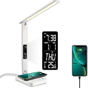 Desk Lamp Reeonice LED Desk Lamps for Home Office Desk Light with Wireless Charger USB Charging Port Table Lamp with Night Light Desk Lamp with Clock Alarm Date and Temperature White