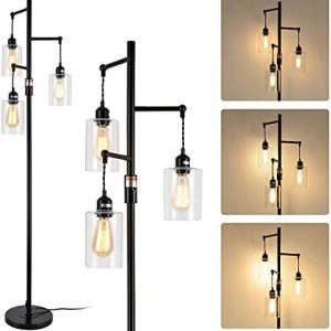 Aivvus Dimmable Floor Lamp, Industrial Floor Lamps for Living Room, Metal Black Tree Lamp Rustic Tall Floor Lamps Edison Bulb 40W Standing Lamp with 3 Glass Lampshade for Bedrooms, Office, Reading