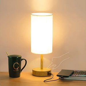 ccko Bedside Lamp with USB Ports – Touch Table Lamp 3 Way Dimmable Small Nightstand Lamp with Wood Base Beige Fabric Shade for Bedroom,Living Room, Kids Room, Office Desk (Bulb Included)
