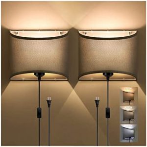 Plug in Wall Sconce,Wall Sconces Set of Two 3 Color Temperature 2700-5000K,Wall Sconce with Plug in Cord, On/Off Switch Wall Lamp,Wall Lights for Bedroom Living Room Hallway,Bulb Included (Grey)