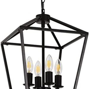 Farmhouse Lantern Pendant Light, Black Hanging Light Fixture, Industrial Metal Cage Chandelier for Foyer, Dining Room, Living Room, Kitchen, Island, Height Adjustable, 4 Light