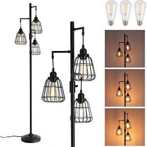 Dimmable Floor Lamp,Industrial Farmhouse Tall Standing Floor Lamp for Living Room, Bedroom Office,3 Teardrop Cage Lampshade,3 LED Bulbs Inculded.68″ Tall.