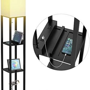 PAZZO Floor Lamp with Shelves, Shelf Floor Lamps by Real Solid Wood with 2 Charging Ports and 1 Power Outlet, Floor Lamps for Bedrooms, Lamps for Living Room, Matt Black