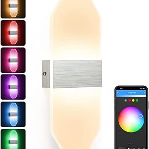 LED Wall Sconces, RGB Stepless Dimming Smart Wall Sconces with Bluetooth WiFi Voice Control Hardwired Wall Mounted Wall Lights for Bedroom Bathroom Porch Hallway Hotel Cafe (1-Pack)