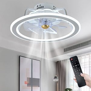 YXW Ceiling Fan with Light Flush Mount,Modern Enclosed Bladeless Remote Control,20”LED Dimmable Lighting Indoor Low Profile fixture for Bedroom kitchen office Kids Room