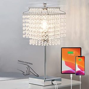 Touch Control Crystal Table Lamp with USB Charging Ports, 3-Way Dimmable Bedside Lamp Decorative Nightstand Lamp with Crystal Shade for Living Room Bedroom, LED Bulb Included
