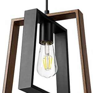 EDISHINE Farmhouse Pendant Light, Rustic Hanging Light Fixture with Wood Grain and Black Finish, Pendant Lighting for Kitchen Island, Dining Room, Bedroom, Hallway, Adjustable Cord, cULus Listed