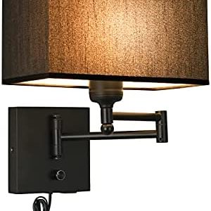 Wall Lamp 9.5inch, Wall Sconce with Dimmer Switch and USB Port, Swing Arm Wall Lamp with Plug in Cord, Wall Light with Black Fabric Shade Brings Mystical Atmosphere to Bedroom, Living Room, Nurse room