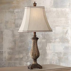 Traditional Style Table Lamp 25″ High Old Oak Antique Brown Petite Vase Beige Fabric Rectangular Shade Decor for Living Room Bedroom House Bedside Nightstand Home Office Family – Regency Hill