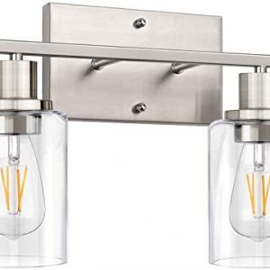 Bathroom Light Fixtures, 2-Light Brushed Nickel Bathroom Vanity Light, Modern Wall Sconces Lighting, Bath Wall Mount Lights with Glass Shade, Porch Wall Lamp for Mirror, Living Room, Bedroom, Hallway