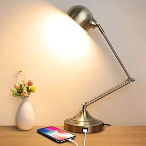 3-Color in 1 LED Desk Lamp with USB Charging Port, Swing Arm, Fully Dimmable, Eye-Caring Task Lamp, Touch Control Brass Metal Architect Drafting Table Lamp for Bedside, Office, Work, Reading