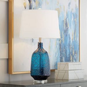 Ryan Modern Coastal Table Lamp 27 1/4″ Tall Brushed Nickel Blue Art Glass White Tapered Drum Shade for Living Room Bedroom House Bedside Nightstand Home Office Reading Family – Possini Euro Design
