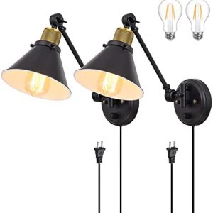 TRLIFE Wall Sconce Plug in, Dimmable Wall Sconces Set of 2 Wall Lights with Plug in Cord, Swing Arm Wall Mounted Light with Dimmer On/Off Knob Switch, UL Listed(2 Pack, 2 Bulbs Included)