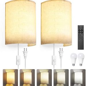 Plug in Wall Sconces,Stepless Colors 2700K-6500K and Stepless Dimming,Wall Sconces Set of Two with Remote & Switch Control,Plug in Wall Light with Timer,Plug-in or Hardwired,Bulbs Included,Linen