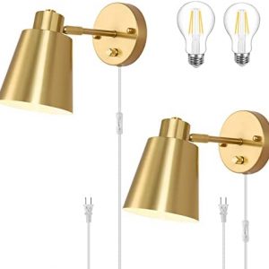 VATONI Plug in Wall Sconce, Dimmable Wall Sconces Adjustable Angle Wall Lights with Plug in Cord and Dimmer On/Off Rotary Switch, Gold Wall Mounted Light for Bedroom Bedside Stairway(2 Pack, 2 Bulbs)