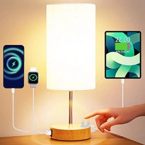 【????????】 Table Lamp Touch Bedside Lamp for Bedroom with USB C&A Charging Ports&Outlet 3-Way Dimmable Small Nightstand Lamp for Living Room,Home Office,Dorm(Light Bulb Included)-Wood