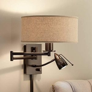 Radix Modern Swing Arm Adjustable Wall Lamp with Cord LED Bronze Plug-in Light Fixture Oatmeal Fabric Drum Shade Bedroom Bedside House Reading Living Room Home Hallway Dining – Possini Euro Design