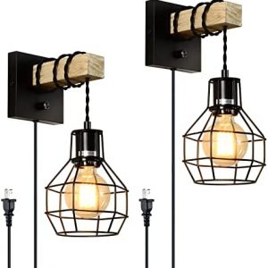 Plug in Wall Sconces Set of Two, Dimmable Wall Lamp with Plug in Cord, Black Wall Sconces Lighting with Dimmer ON/Off Switch, Farmhouse Wall Mounted Light Fixture for Headboard Bedroom Porch, 2 Pack