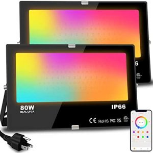 LED Flood Light Outdoor 800W Equivalent 8000LM Smart RGB Landscape Lighting with APP Control, DIY Scenes – Timing – Warm White 2700K – Color Changing Uplight, IP66 Waterproof US Plug MELPO(2Pack)
