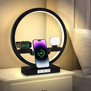MEIXUN Desk Lamp with Wireless Charger 4 in 1 Modern Nightstand Lamp with Wireless Charger 3 Color Lights Touch Lamps for Bedrooms with USB Port for Bedroom Home Dorm Office – Black