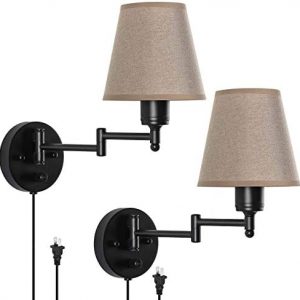 HAITRAL Wall Lamps Set of 2- Brown Wall Mounted Lights with Brown Linen Fabric Shade, Bedroom Wall Lamps Plug in with Cord or Hardwired, Wall Sconces Lighting for Bedroom, Living Room, Dorm