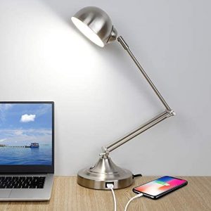 3-Color in 1 LED Desk Lamp with USB Charging Port, Fully Dimmable, Swing Arm Task Lamp, Touch Control Nickel Metal Architect Drafting Table Lamp for Bedside, Office, Work, Reading -Eye-Caring