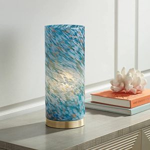 Nikki Modern Coastal Accent Table Lamp 13 1/2″ High Antique Brass Metal Blue Art Glass Cylinder Shade for Bedroom Living Room Nightstand Bedside Night Stand Office Kids Room – 360 Lighting