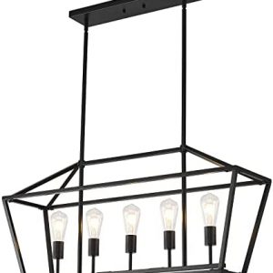 LIGOTFIRE Kitchen Island Lantern Pendant Linear Chandelier Black 5 Light Modern Farmhouse Chandelier Hanging Industrial Pendant Lighting for Dining Room