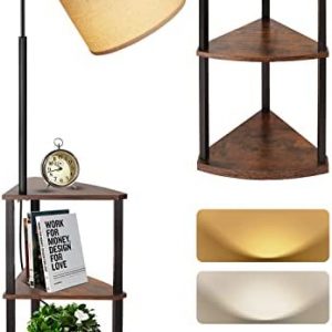 Sector Corner Shelf Floor Lamp with 3-Color Temperature LED Bulb and Lampshade,Wedge End Table with Lamp for Living Room Bedroom,Standing lamp with Triangle Table Attached