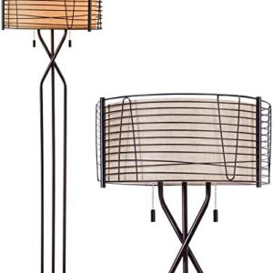 Floor Lamps for Living Room with Double Drum Shade – Farmhouse Industrial Standing Lamp, 65″ Tall Rustic Bronze Woven Iron Metal Burlap Fabric Shade Mid Century Modern Reading Light for Bedroom Office