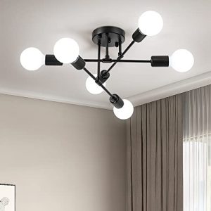 Soilsiu Modern Sputnik Chandelier Ceiling Light Fixture, 6-Light Mid Century Semi Flush Mount Ceiling Lights for Bedroom, Dining Room, Living Room, Kitchen, Office (Black)