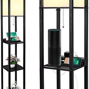 3-in-1 Shelf Floor Lamp with 2 USB Ports and 1 Power Outlet, 3-Tiered LED Shelf Floor Lamp, Shelf & Storage & LED Floor Lamp Combination, Modern Standing Light for Living Room, Bedroom