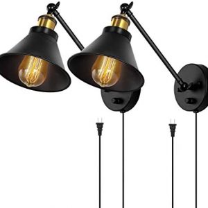 HAITRAL Sconces Wall Lighting-Dimmable Swing Arm Wall Lamps with On/Off Switch & Plug in Wall Mounted Lamps, Wall Sconces Set of 2 for Bedroom,Bedside,Living Room,Dorm- Black&Brass (Without Bulbs)