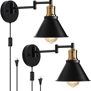 Industrial Swing Arm Wall Sconces Wall Mounted Light Plug in Wall Light Dimmable Reading Lamp 2 Pack for Living Room Bedroom Farmhouse