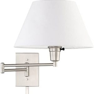 Kira Home Cambridge 13″ Swing Arm Wall Lamp – Plug in/Wall Mount + White Fabric Shade, 150W 3-Way + Cord Covers, Satin Nickel Finish