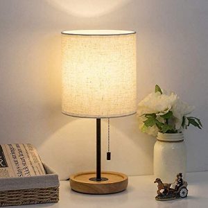 HAITRAL Bedside Table Lamp – Modern Nightstand Lamp with Linen Fabric Shade Wooden Desk Lamps for Bedrooms, Office, College Dorm, Dinning Room, Girls Room – 16 Inches (HT-AD005)