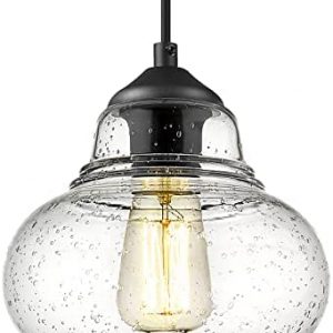 ELYONA Pendant Light Hand Blown Glass Kitchen Island Hanging Pendant Light Fxiture Industrial Seeded Glass Shade for Farmhouse Dining Room Bar Bedroom Living Room 8 inch Diam Black