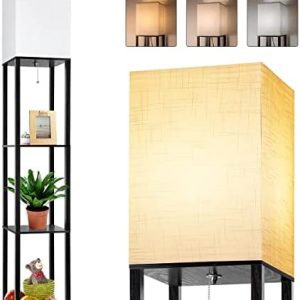 Floor Lamp with Shelves,Shelf Floor Lamps for Living Room with 3 Color Temperature LED Bulb,Storage Wood Texture Modern Floor Lamp with White Linen Shade,Display Standing Lamp for Living Room, Bedroom