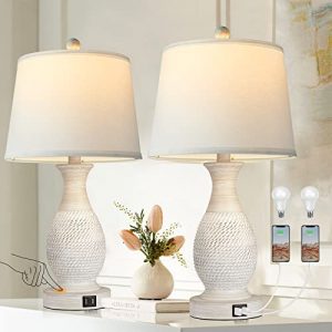 PARTPHONER Table Lamps Set of 2, Bedside Touch Lamp with Dual USB Charging Ports, Side Table Lamp with White Fabric Shade (LED Bulbs Included)
