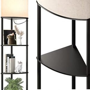 addlon 4-Tier Sector Corner Shelf Floor Lamp with 3 Color Temperatures LED Bulb and White Lamp Shade – Display Floor Lamps with Shelves for Living Room, Bedroom and Office – Black
