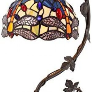 WERFACTORY Tiffany Lamp Stained Glass Table Lamp Blue Yellow Dragonfly Style Desk Light Metal Leaf Base 8X10X21 Inches Decor Small Space Bedroom Home Office S128 Series