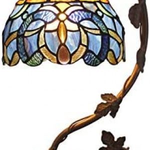 WERFACTORY Tiffany Lamp Cloudy Blue Stained Glass Table Lamp, Metal Leaf Base 8X10X21 Inches Reading Desk Light Decor Small Space Bedside Bedroom Home Office S558 Series