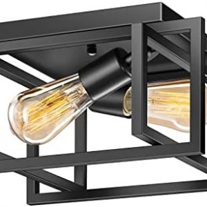 Feanron 2-Light Flush Mount Ceiling Light Fixture, Industrial Black Metal Ceiling Light, Modern Rectangle Close to Ceiling Light for Hallway, Kitchen, Entryway
