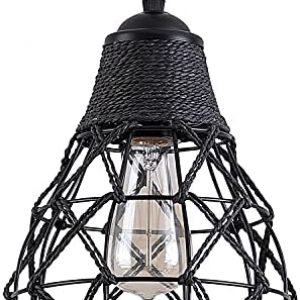 Rustic Industrial Black Woven Pendant Light, One-Light Adjustable Metal Hemp Rope Mini Pendant Lighting Fixture for Kitchen Island Cafe Bar Farmhouse