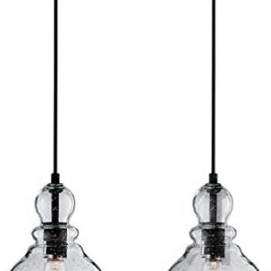 LANROS Farmhouse Kitchen Pendant Lighting with Handblown Clear Seeded Glass Shade, Adjustable Cord Mini Ceiling Light Fixture for Kitchen Island Sink, Matte Black Finish, 7inch, 2 Pack
